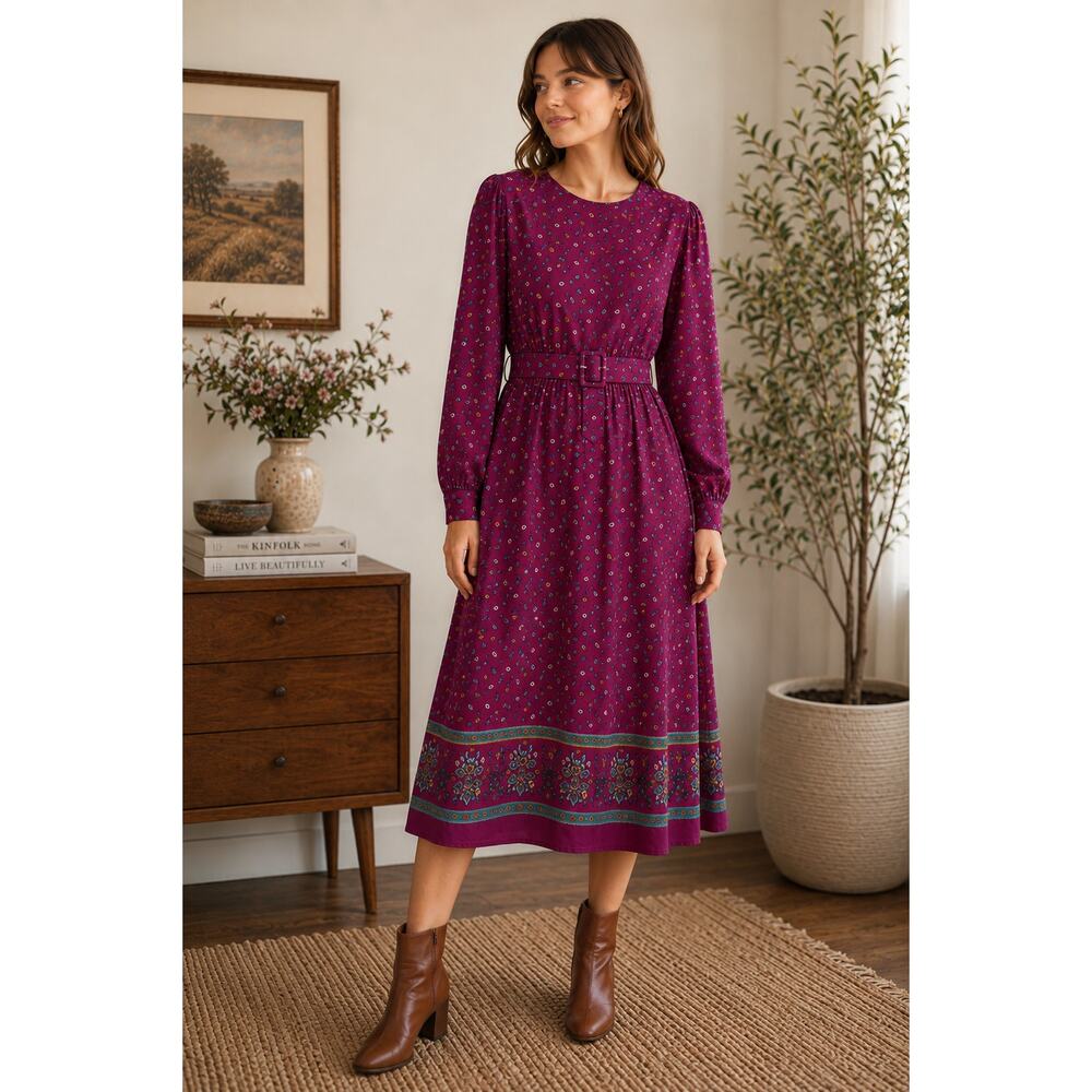 Vintage MALOUF Multicolor Prairie Boho Dress with Belt Tall Size 12